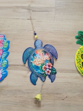 Three Festive Summer Metal Signs With Rope Hanger 15" Aloha Good Vibes Tiki Bar